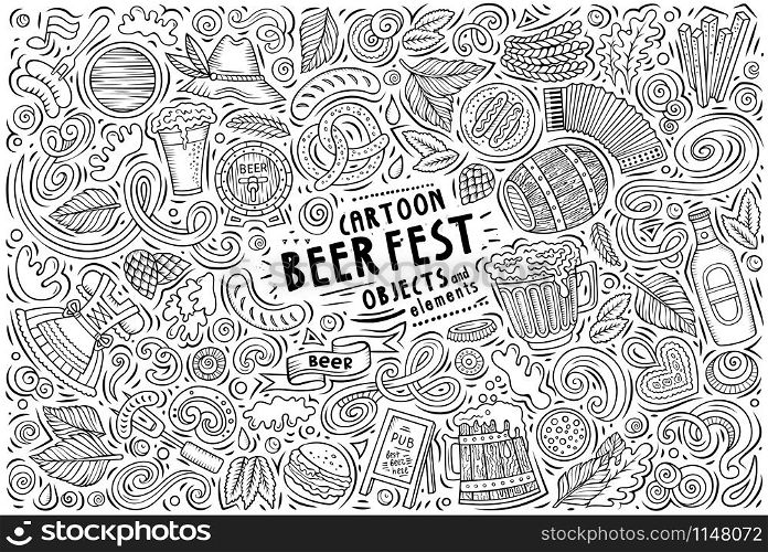 Line art vector hand drawn doodle cartoon set of Beer fest theme items, objects and symbols. Vector doodle cartoon set of Beer fest objects