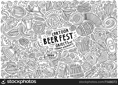 Line art vector hand drawn doodle cartoon set of Beer fest theme items, objects and symbols. Vector doodle cartoon set of Beer fest objects