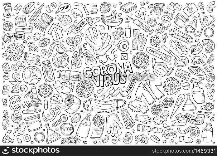 Line art vector hand drawn doodle cartoon set of Cronavirus theme items, objects and symbols. Doodle cartoon set of Coronavirus theme objects