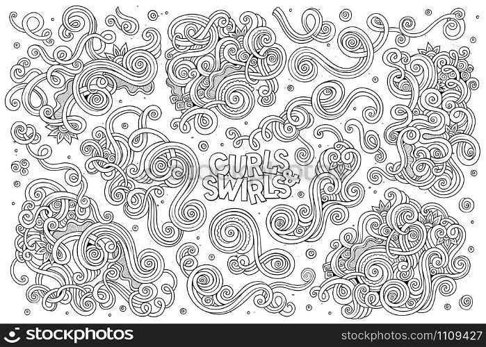 Line art vector hand drawn Doodle cartoon set of curls and swirls decorative elements. Vector hand drawn Doodle cartoon set of curls and swirls