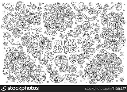 Line art vector hand drawn Doodle cartoon set of curls and swirls decorative elements. Vector hand drawn Doodle cartoon set of curls and swirls