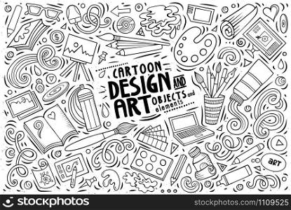 Line art vector hand drawn doodle cartoon set of design theme items, objects and symbols. Vector set of design theme items