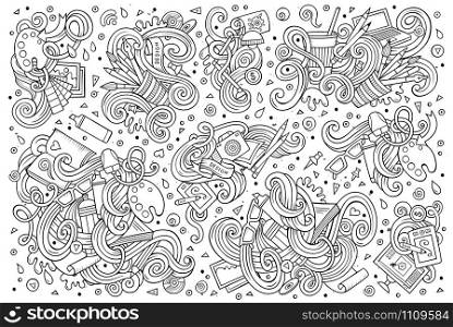Line art vector hand drawn doodle cartoon set of design theme items, objects and symbols. Vector set of design theme items