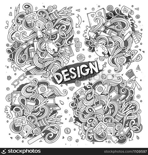 Line art vector hand drawn doodle cartoon set of design theme items, objects and symbols. Vector set of doodle design theme items