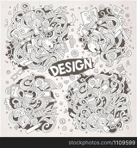 Line art vector hand drawn doodle cartoon set of design theme items, objects and symbols. Paper background. Vector set of doodle design theme items