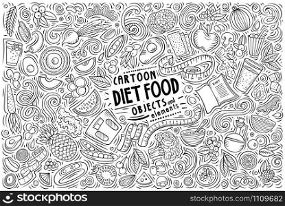 Line art vector hand drawn doodle cartoon set of Diet food theme items, objects and symbols. Vector hand drawn doodle cartoon set of Diet food theme objects