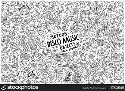 Line art vector hand drawn doodle cartoon set of Disco Music theme items, objects and symbols. Cartoon set of Disco Music theme items, objects and symbols