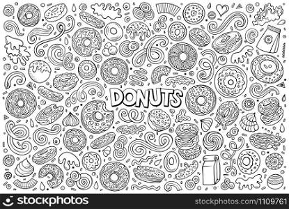 Line art vector hand drawn doodle cartoon set of Donuts objects and symbols. Vector cartoon set of Donuts objects and symbols
