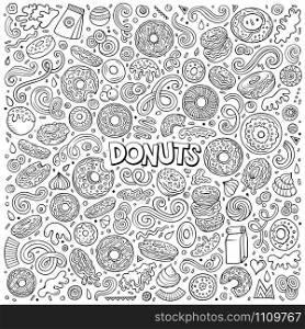 Line art vector hand drawn doodle cartoon set of Donuts objects and symbols. Vector cartoon set of Donuts objects and symbols