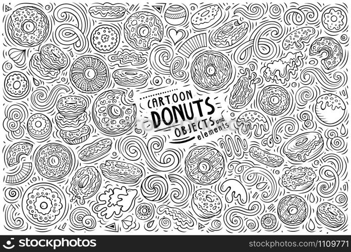 Line art vector hand drawn doodle cartoon set of Donuts theme items, objects and symbols. Vector doodle cartoon set of Donuts objects and symbols