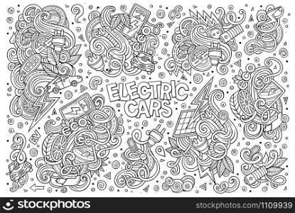 Line art vector hand drawn doodle cartoon set of Electric cars objects and symbol. Line art vector doodle cartoon set of Electric cars objects