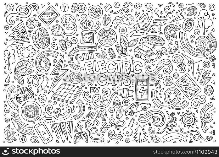 Line art vector hand drawn doodle cartoon set of Electric cars objects and symbol. Line art vector doodle cartoon set of Electric cars objects