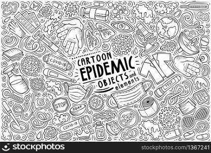 Line art vector hand drawn doodle cartoon set of Epidemic theme items, objects and symbols. Doodle cartoon set of Epidemic theme objects