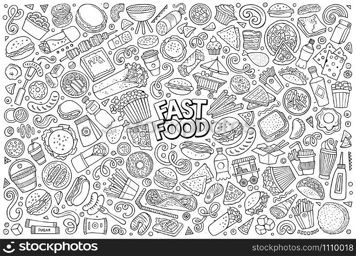 Line art vector hand drawn doodle cartoon set of fastfood objects and symbols. Vector set of Fast food objects and symbols