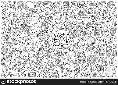 Line art vector hand drawn doodle cartoon set of fastfood objects and symbols. Vector set of Fast food objects and symbols