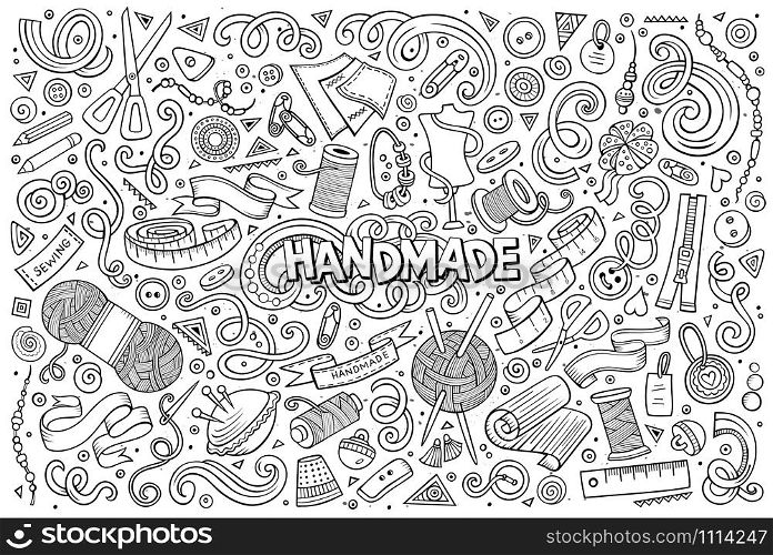 Line art vector hand drawn doodle cartoon set of handmade objects and symbols. Line art vector hand drawn doodle cartoon set of handmade object