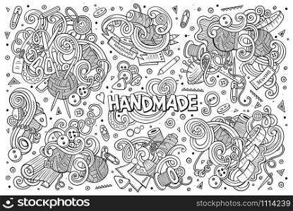 Line art vector hand drawn doodle cartoon set of handmade objects and symbols designs.. Doodle cartoon set of handmade object