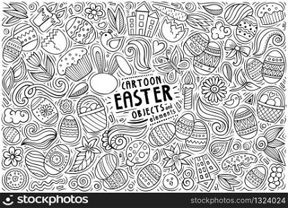 Line art vector hand drawn doodle cartoon set of Happy Easter theme items, objects and symbols. Vector set of Easter theme items, objects and symbols