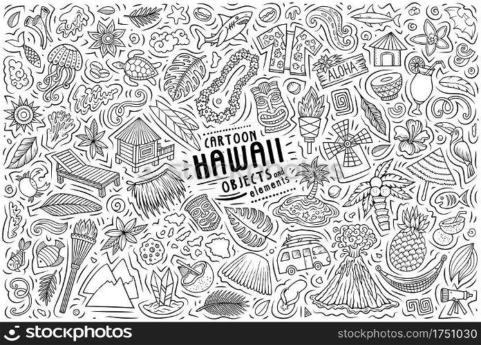 Line art vector hand drawn doodle cartoon set of Hawaii theme items, objects and symbols. Vector doodle cartoon set of Hawaii objects and symbols