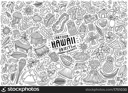 Line art vector hand drawn doodle cartoon set of Hawaii theme items, objects and symbols. Vector doodle cartoon set of Hawaii objects and symbols