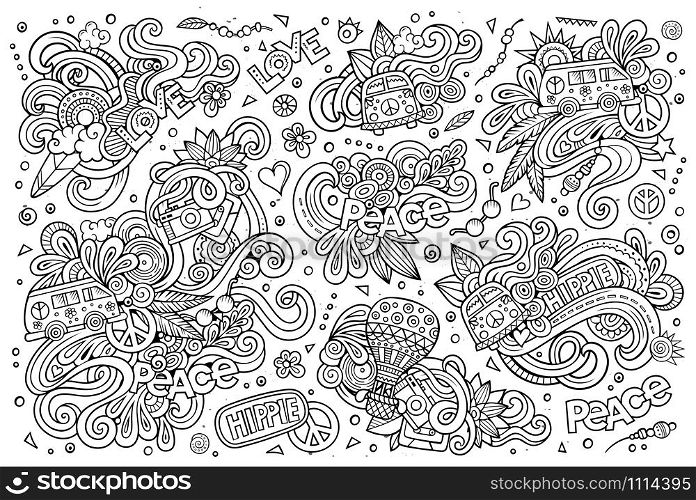 Line art vector hand drawn Doodle cartoon set of hippie objects and symbols. Line art set of hippie objects