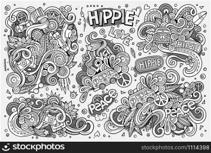 Line art vector hand drawn Doodle cartoon set of hippie objects and symbols. Line art set of hippie objects
