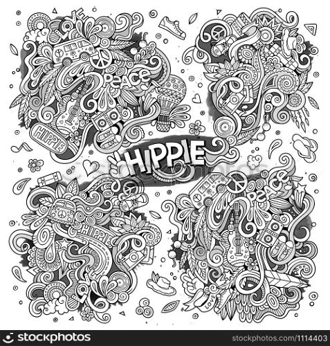 Line art vector hand drawn Doodle cartoon set of hippie objects and symbols. Line art set of doodle hippie designs