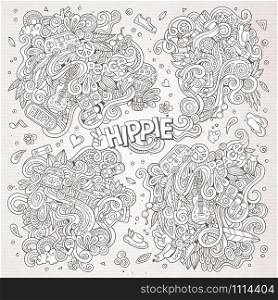 Line art vector hand drawn Doodle cartoon set of hippie objects and symbols. Paper background. Line art set of doodle hippie designs