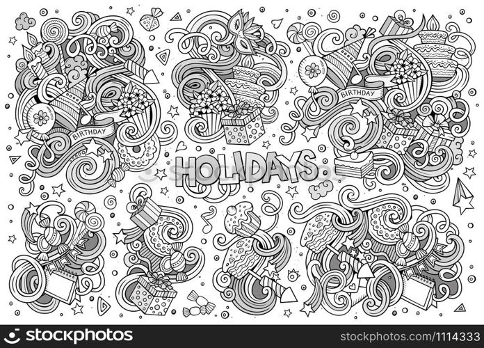 Line art vector hand drawn Doodle cartoon set of holidays objects and symbols. Line art set of holidays object