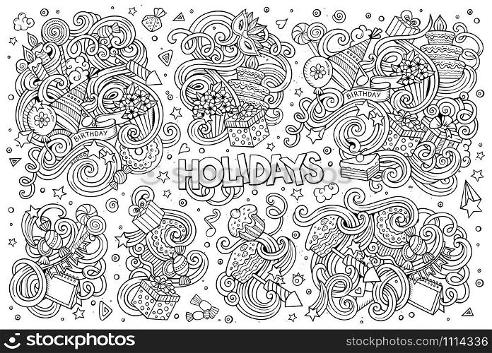 Line art vector hand drawn Doodle cartoon set of holidays objects and symbols. Line art set of holidays object