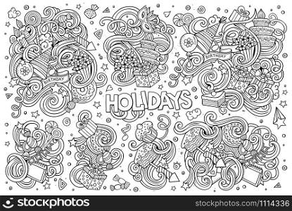 Line art vector hand drawn Doodle cartoon set of holidays objects and symbols. Line art set of holidays object