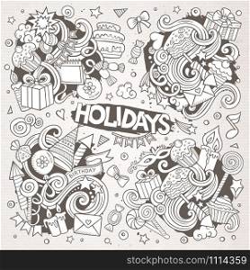 Line art vector hand drawn Doodle cartoon set of holidays objects and symbols. Line art set of holidays doodle designs