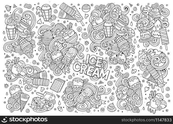Line art vector hand drawn doodle cartoon set of ice-cream objects and symbols. Line art vector cartoon set of ice-cream objects