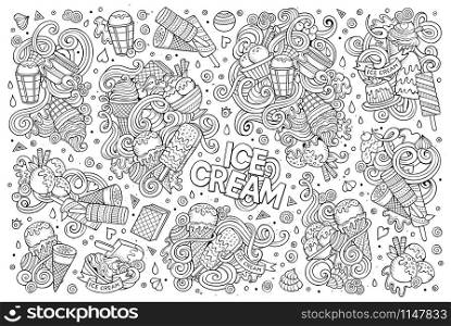 Line art vector hand drawn doodle cartoon set of ice-cream objects and symbols. Line art vector cartoon set of ice-cream objects