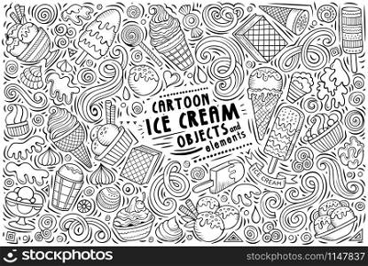 Line art vector hand drawn doodle cartoon set of Ice Cream theme items, objects and symbols. Vector doodle cartoon set of Ice Cream items, objects and symbols
