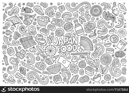 Line art vector hand drawn doodle cartoon set of Japan food objects and symbols. Line art vector cartoon set of Japan food objects