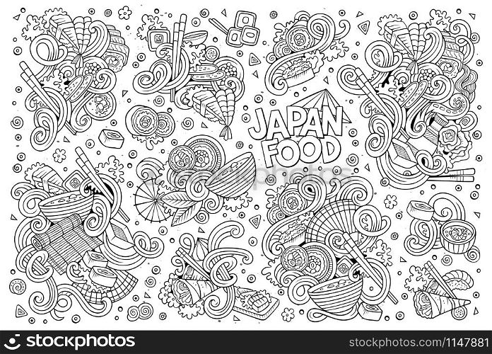 Line art vector hand drawn doodle cartoon set of Japan food objects and symbols designs. Vector doodle set of Japan food objects