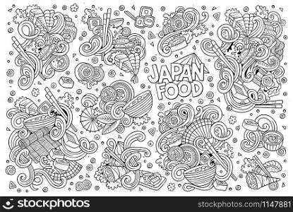 Line art vector hand drawn doodle cartoon set of Japan food objects and symbols designs. Vector doodle set of Japan food objects