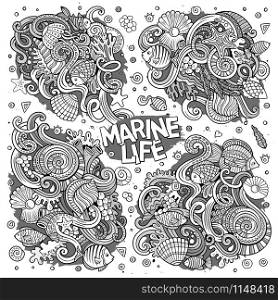 Line art vector hand drawn Doodle cartoon set of marine life objects and symbols. Line art set of marine life doodle designs