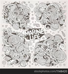 Line art vector hand drawn Doodle cartoon set of marine life objects and symbols. Line art set of marine life doodle designs