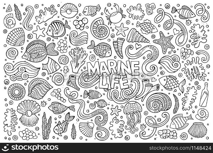 Line art vector hand drawn Doodle cartoon set of marine life objects and symbols. Line art set of marine life objects