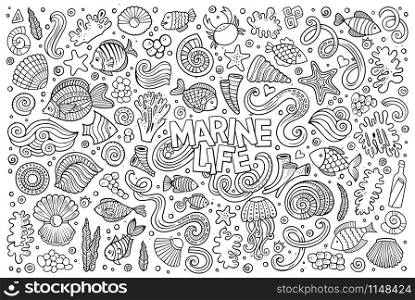 Line art vector hand drawn Doodle cartoon set of marine life objects and symbols. Line art set of marine life objects