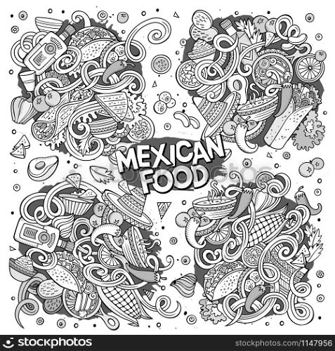 Line art vector hand drawn doodle cartoon set of Mexican Food theme items, objects and symbols. Cartoon set of Mexican Food doodle designs