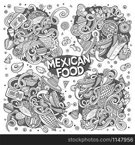 Line art vector hand drawn doodle cartoon set of Mexican Food theme items, objects and symbols. Cartoon set of Mexican Food doodle designs