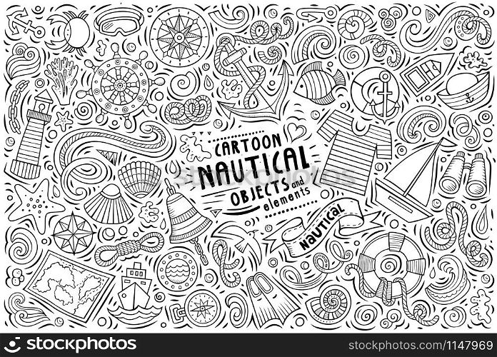 Line art vector hand drawn doodle cartoon set of Nautical theme items, objects and symbols. Vector doodle cartoon set of Nautical objects