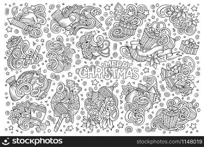 Line art vector hand drawn doodle cartoon set of New Year and Christmas objects and symbols. Doodle cartoon set of New Year and Christmas objects