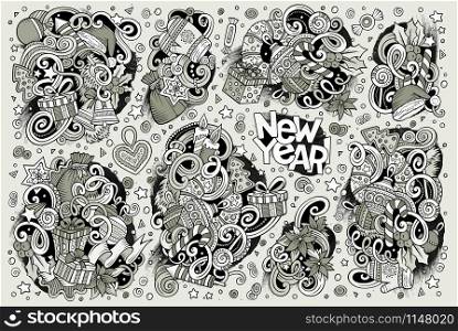Line art vector hand drawn doodle cartoon set of New Year and Christmas objects and symbols. Doodle cartoon set of New Year and Christmas objects