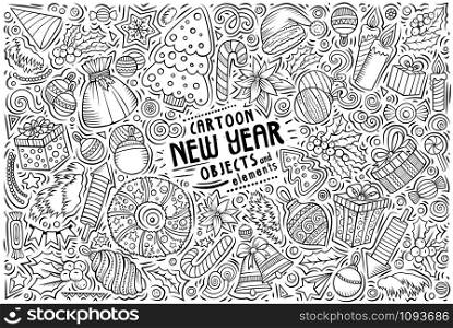 Line art vector hand drawn doodle cartoon set of New Year theme items, objects and symbols. Vector hand drawn doodle cartoon set of New Year objects