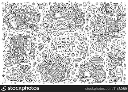 Line art vector hand drawn doodle cartoon set of Oktoberfest theme items, objects and symbols. Vector doodle cartoon set of Oktoberfest designs
