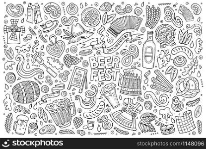 Line art vector hand drawn doodle cartoon set of Oktoberfest theme items, objects and symbols. Vector doodle cartoon set of Oktoberfest objects and symbols